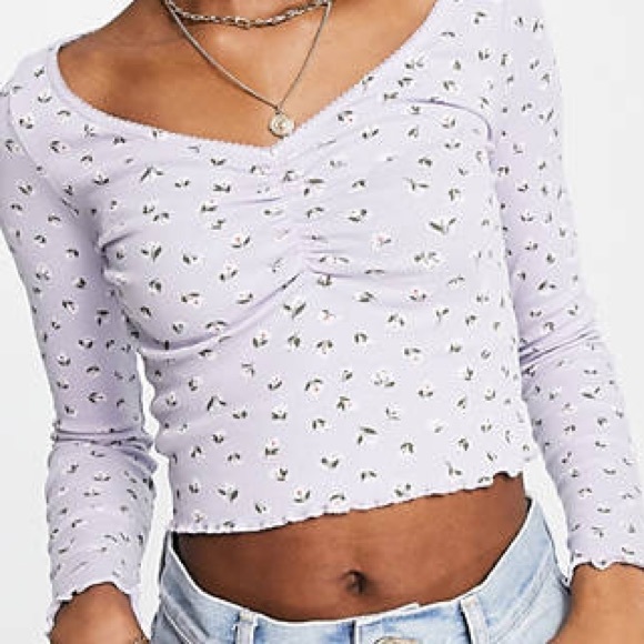 Monki Organic Lettuce Edge Ruched Floral Long Sleeve Dusty Lilac XS 90s NWT - Picture 2 of 13